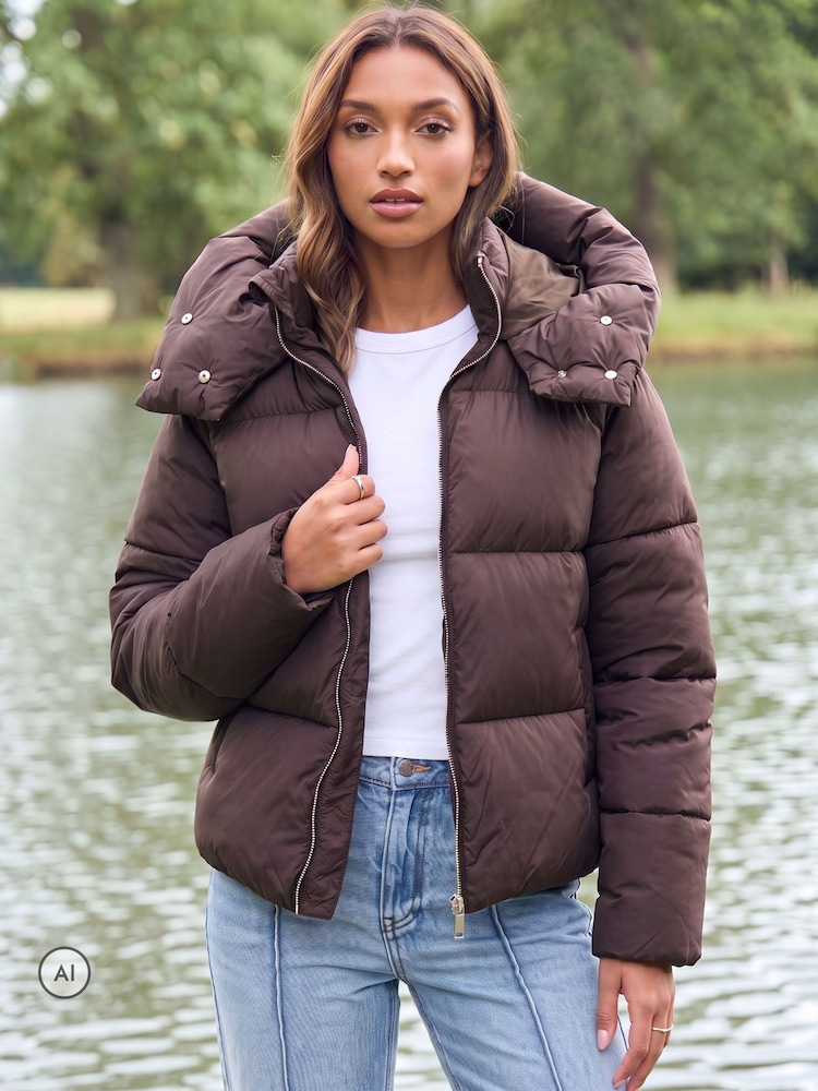 Threadbare Brown Showerproof Funnel Neck Puffer Coat - Image 1 of 5 Threadbare Brown Showerproof Funnel Neck Puffer Coat - Image 1 of 5