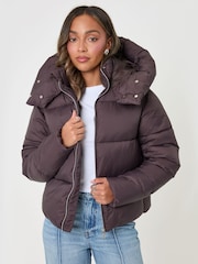 Threadbare Brown Showerproof Funnel Neck Puffer Coat - Image 2 of 5