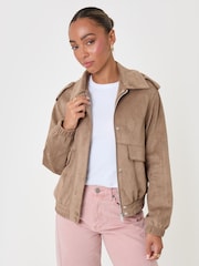 Threadbare Brown Faux Suede Collared Bomber Jacket - Image 1 of 4