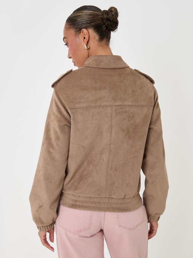 Threadbare Brown Faux Suede Collared Bomber Jacket - Image 2 of 4
