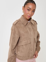 Threadbare Brown Faux Suede Collared Bomber Jacket - Image 3 of 4