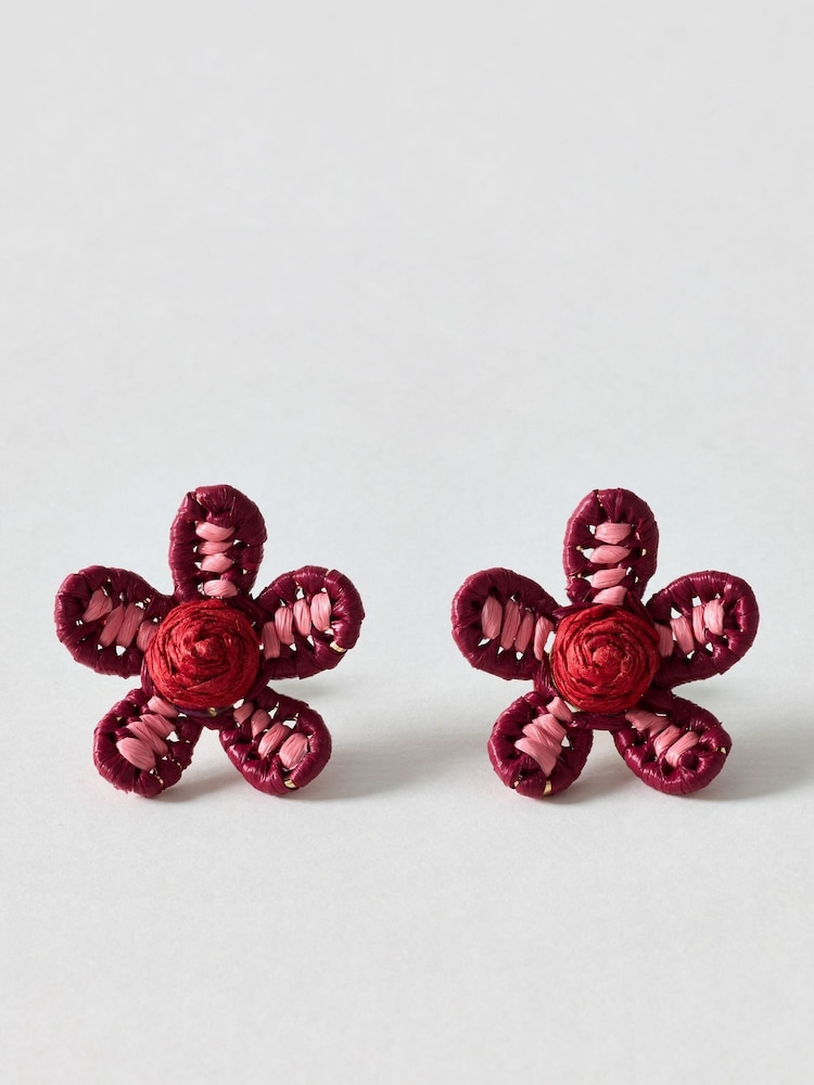 Oliver Bonas Pink Jessie Woven Flower Stud Earrings - Image 1 of 2