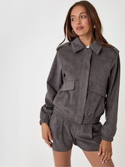 Threadbare Grey Faux Suede Collared Bomber Jacket - Image 2 of 5