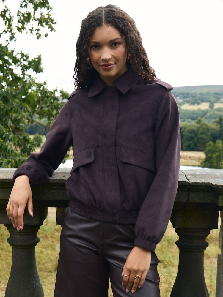 Threadbare Chocolate Brown Faux Suede Collared Bomber Jacket - Image 1 of 6