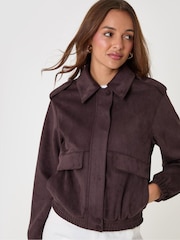 Threadbare Chocolate Brown Faux Suede Collared Bomber Jacket - Image 2 of 6