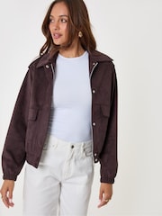 Threadbare Chocolate Brown Faux Suede Collared Bomber Jacket - Image 3 of 6