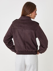 Threadbare Chocolate Brown Faux Suede Collared Bomber Jacket - Image 4 of 6