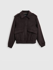 Threadbare Chocolate Brown Faux Suede Collared Bomber Jacket - Image 6 of 6