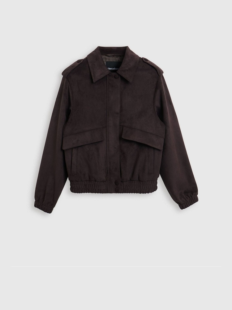 Threadbare Chocolate Brown Faux Suede Collared Bomber Jacket - Image 6 of 6