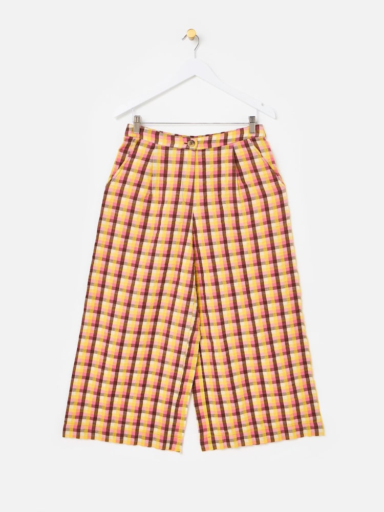 Oliver Bonas Pink Checked Cropped Wide Leg Trousers - Image 1 of 5 Oliver Bonas Pink Checked Cropped Wide Leg Trousers - Image 1 of 5