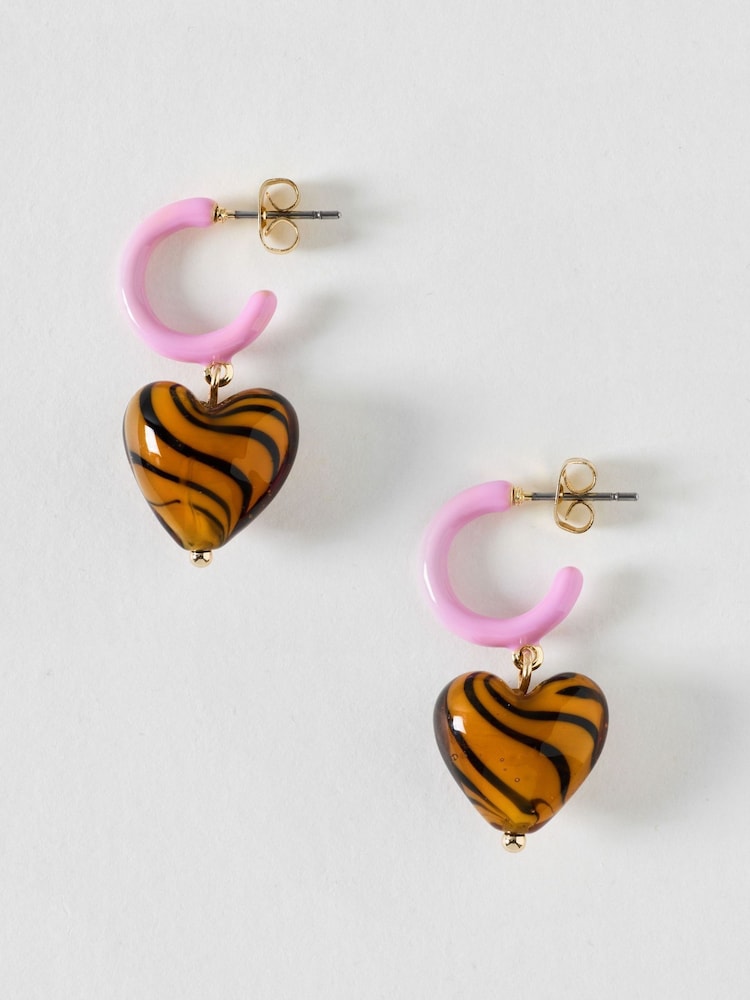Oliver Bonas Pink Pamela Heart Charm Drop Hoop Earrings - Image 1 of 2 Oliver Bonas Pink Pamela Heart Charm Drop Hoop Earrings - Image 1 of 2
