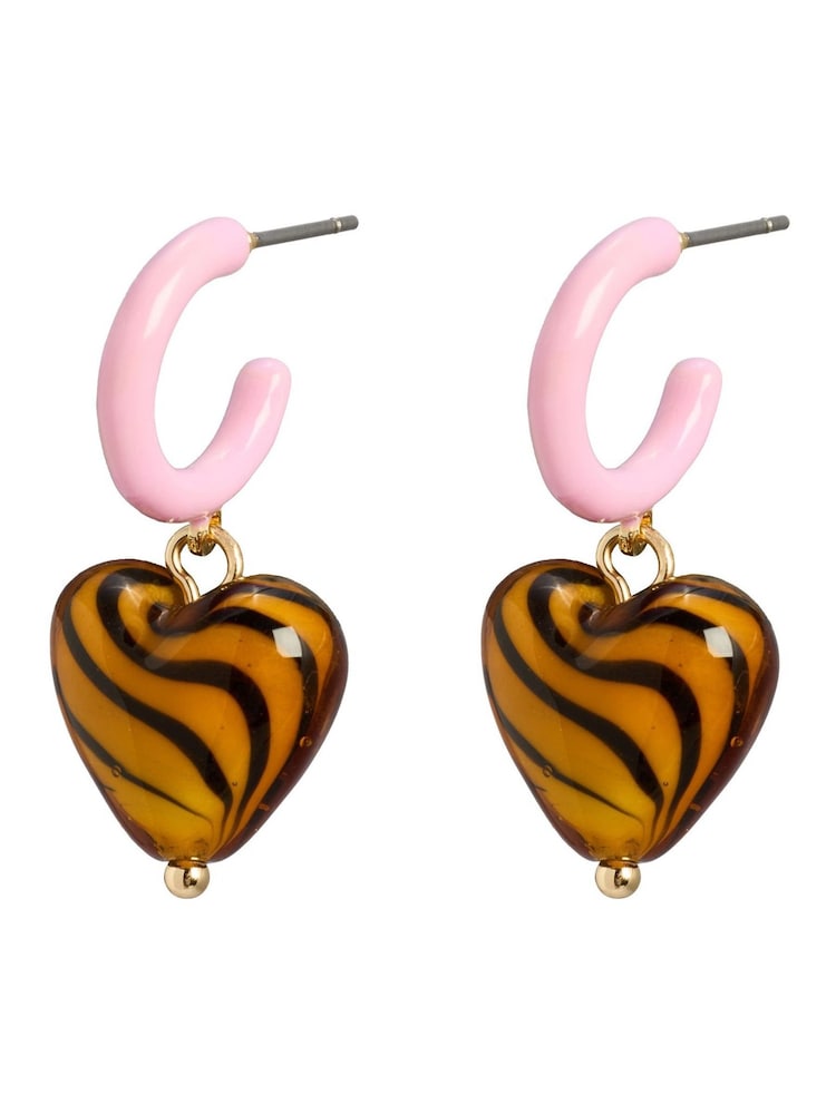Oliver Bonas Pink Pamela Heart Charm Drop Hoop Earrings - Image 2 of 2 Oliver Bonas Pink Pamela Heart Charm Drop Hoop Earrings - Image 2 of 2