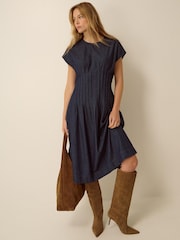 Monsoon Blue Jasmin Pleated Denim Midi Dress - Image 1 of 6