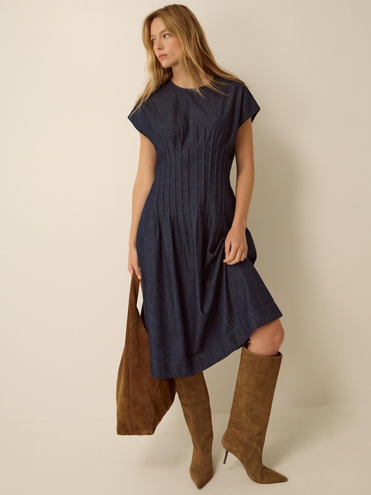 Monsoon Blue Jasmin Pleated Denim Midi Dress - Image 1 of 6