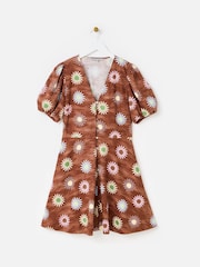 Oliver Bonas Brown Brown Sun Print Linen Blend V-Neck Mini Dress - Image 1 of 5