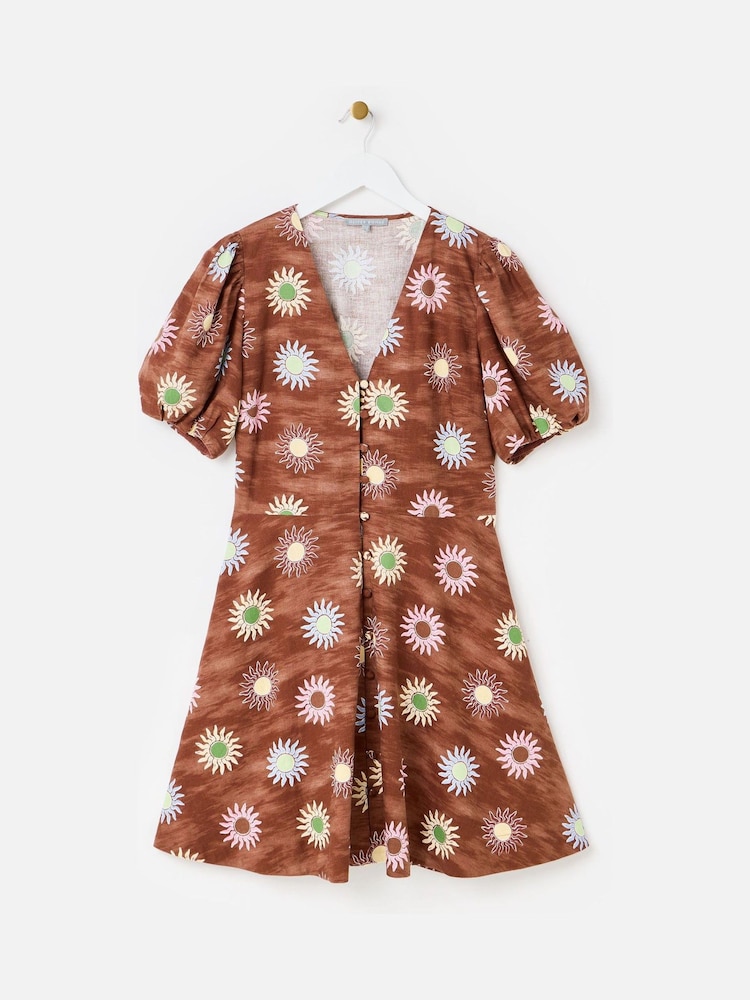Oliver Bonas Brown Brown Sun Print Linen Blend V-Neck Mini Dress - Image 1 of 5 Oliver Bonas Brown Brown Sun Print Linen Blend V-Neck Mini Dress - Image 1 of 5