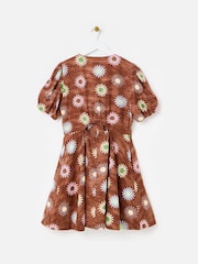 Oliver Bonas Brown Brown Sun Print Linen Blend V-Neck Mini Dress - Image 2 of 5
