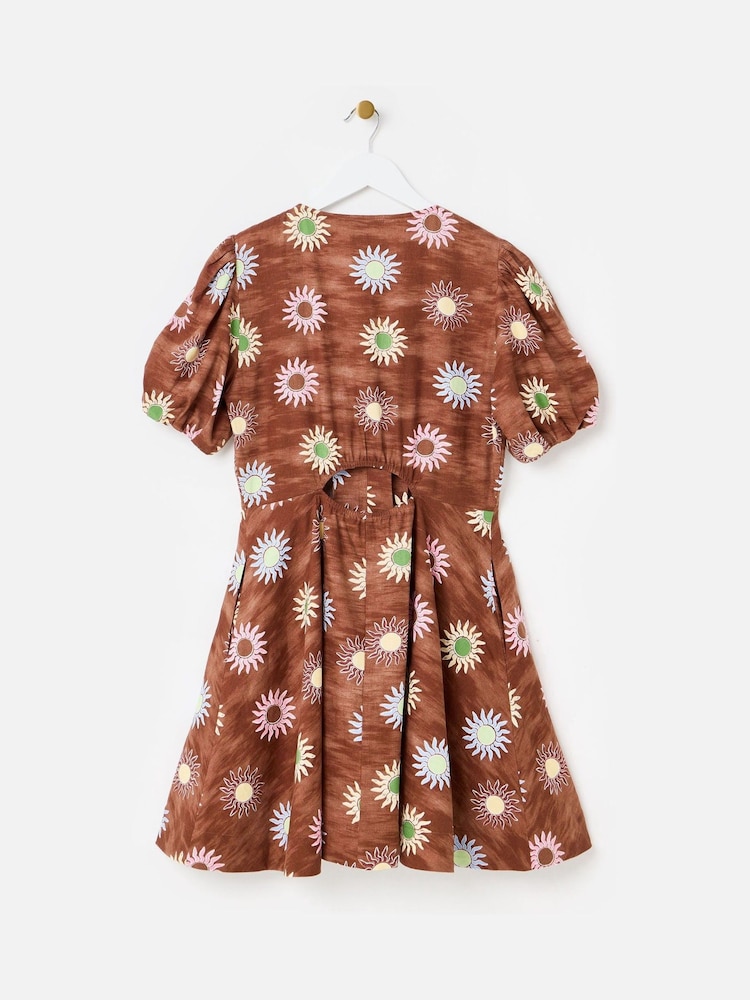 Oliver Bonas Brown Brown Sun Print Linen Blend V-Neck Mini Dress - Image 2 of 5 Oliver Bonas Brown Brown Sun Print Linen Blend V-Neck Mini Dress - Image 2 of 5