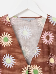 Oliver Bonas Brown Brown Sun Print Linen Blend V-Neck Mini Dress - Image 3 of 5