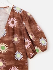 Oliver Bonas Brown Brown Sun Print Linen Blend V-Neck Mini Dress - Image 4 of 5