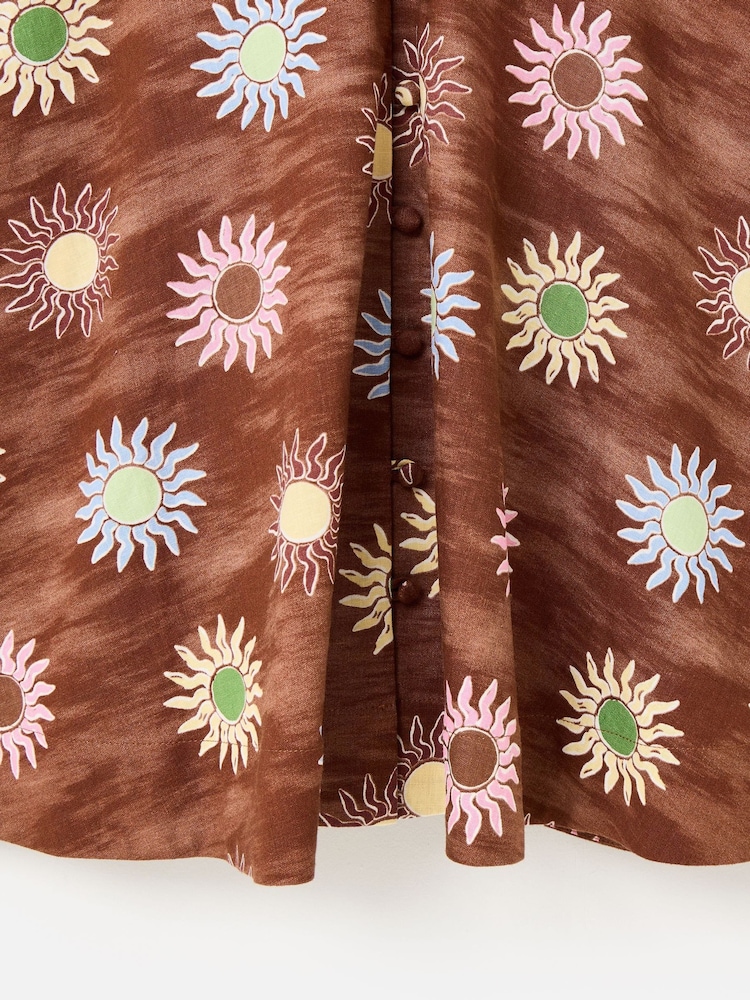 Oliver Bonas Brown Brown Sun Print Linen Blend V-Neck Mini Dress - Image 5 of 5 Oliver Bonas Brown Brown Sun Print Linen Blend V-Neck Mini Dress - Image 5 of 5