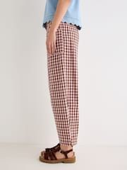 Oliver Bonas Pink Pink & Brown Gingham Cotton Cropped Tapered Trousers - Image 1 of 7