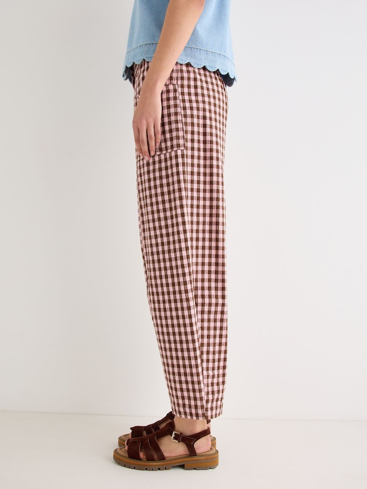 Oliver Bonas Pink Pink & Brown Gingham Cotton Cropped Tapered Trousers - Image 1 of 7 Oliver Bonas Pink Pink & Brown Gingham Cotton Cropped Tapered Trousers - Image 1 of 7