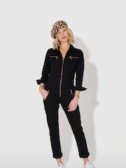 DONNA IDA Slim Fit Dolly Black Denim Jumpsuit - Image 1 of 10