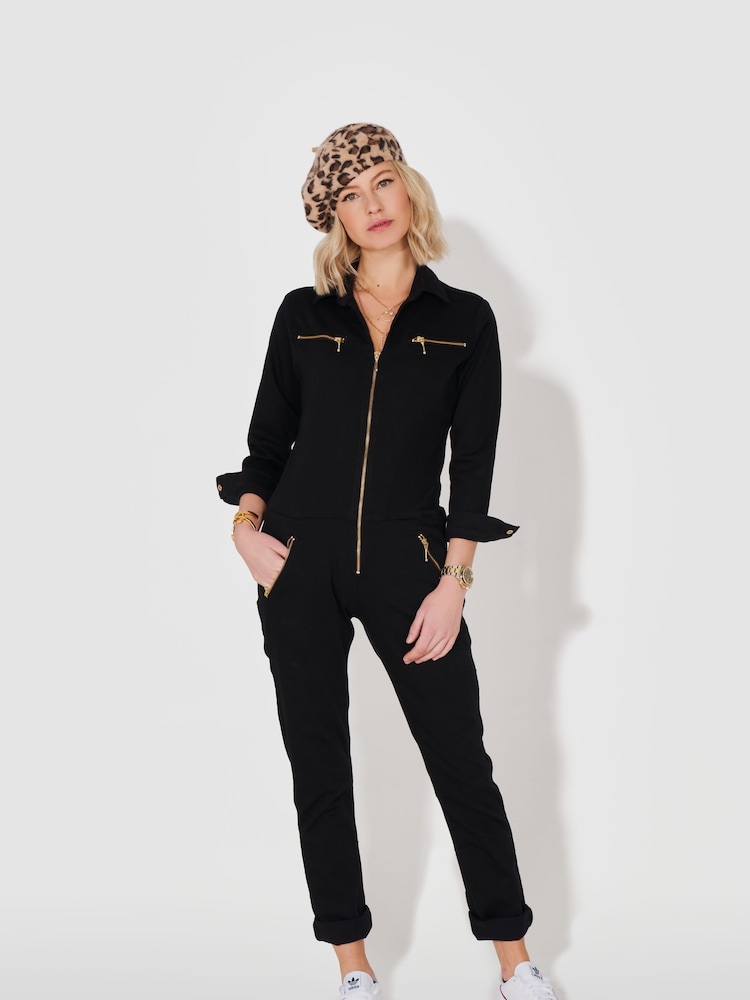 DONNA IDA Slim Fit Dolly Black Denim Jumpsuit - Image 1 of 10