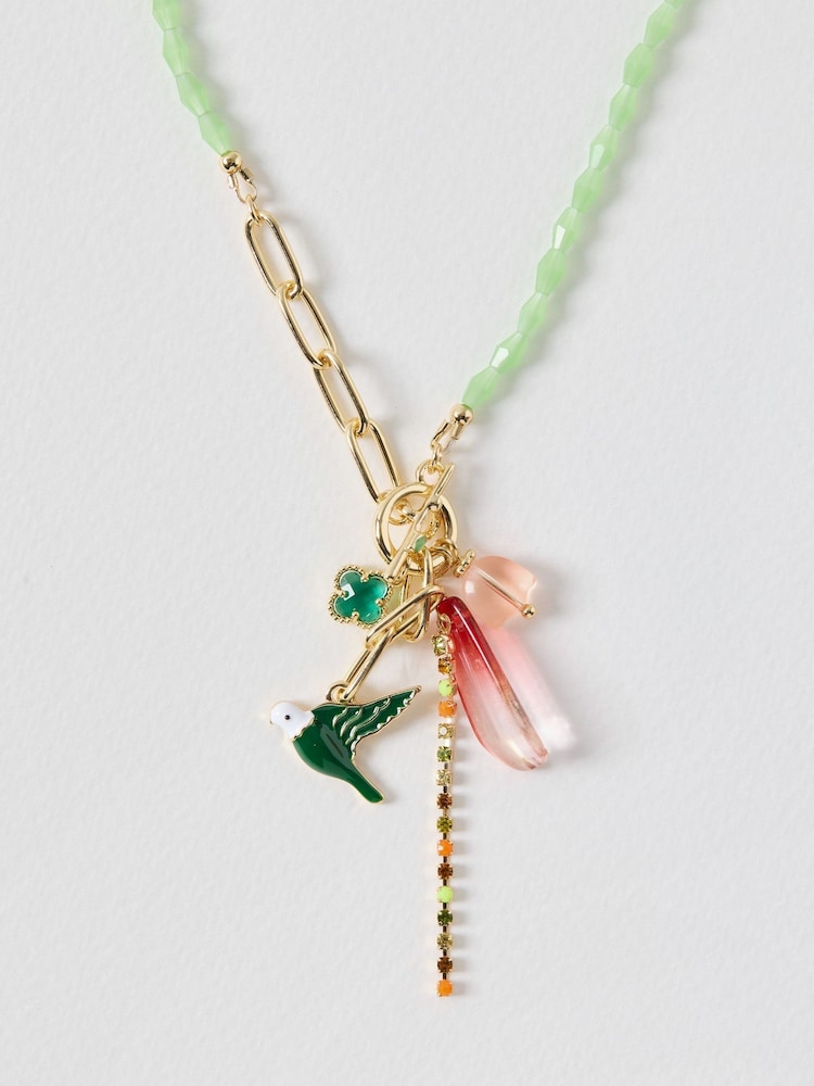 Oliver Bonas Green Ria Bird & Bead Drop T Bar Necklace - Image 1 of 3 Oliver Bonas Green Ria Bird & Bead Drop T Bar Necklace - Image 1 of 3