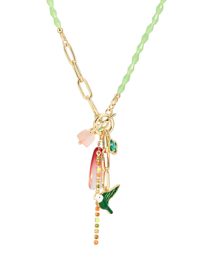 Oliver Bonas Green Ria Bird & Bead Drop T Bar Necklace - Image 3 of 3 Oliver Bonas Green Ria Bird & Bead Drop T Bar Necklace - Image 3 of 3