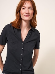 White Stuff Black Pocket Penny Jersey 100% Cotton Shirt - Image 1 of 10
