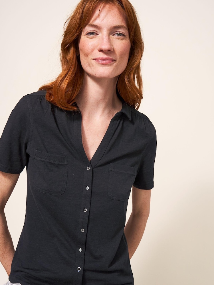 White Stuff Black Pocket Penny Jersey 100% Cotton Shirt - Image 1 of 10