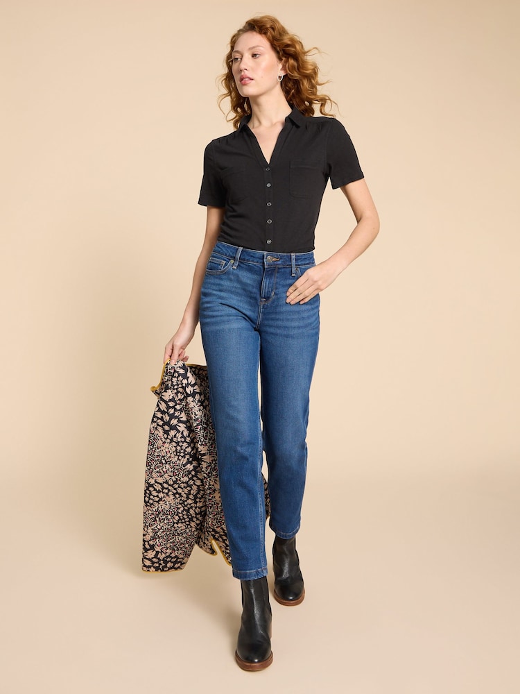 White Stuff Black Pocket Penny Jersey 100% Cotton Shirt - Image 4 of 10