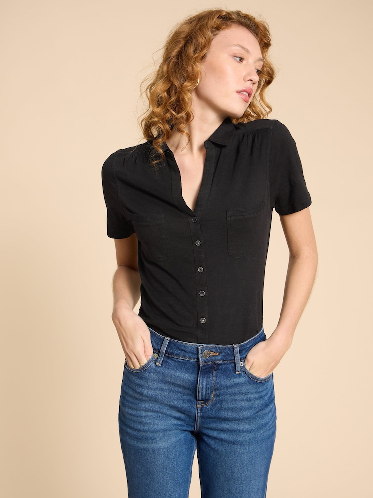 White Stuff Black Pocket Penny Jersey 100% Cotton Shirt - Image 6 of 10