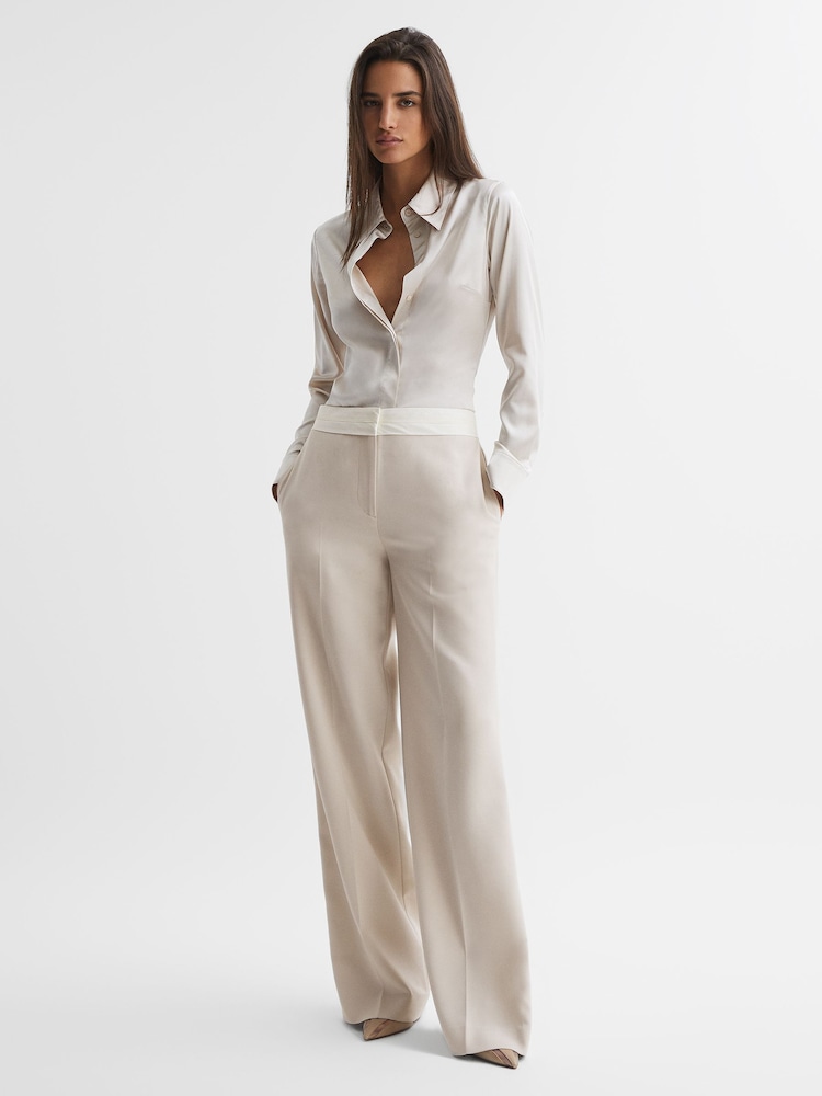 Reiss Neutral Maya Mid Rise Contrast Wide Leg Suit Trousers - Image 1 of 5