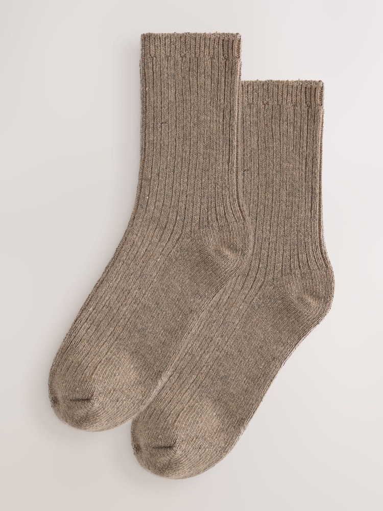 Mink Brown Wool Blend Ribbed Ankle Socks 2 Pack - Image 1 of 4 Mink Brown Wool Blend Ribbed Ankle Socks 2 Pack - Image 1 of 4