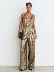 Reiss Gold Eloise Metallic Sleeveless Belted Wide-Leg Jumpsuit - Image 1 of 8