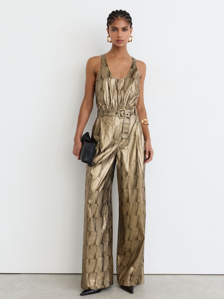 Reiss Gold Eloise Metallic Sleeveless Belted Wide-Leg Jumpsuit - Image 1 of 8 Reiss Gold Eloise Metallic Sleeveless Belted Wide-Leg Jumpsuit - Image 1 of 8