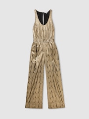 Reiss Gold Eloise Metallic Sleeveless Belted Wide-Leg Jumpsuit - Image 2 of 8