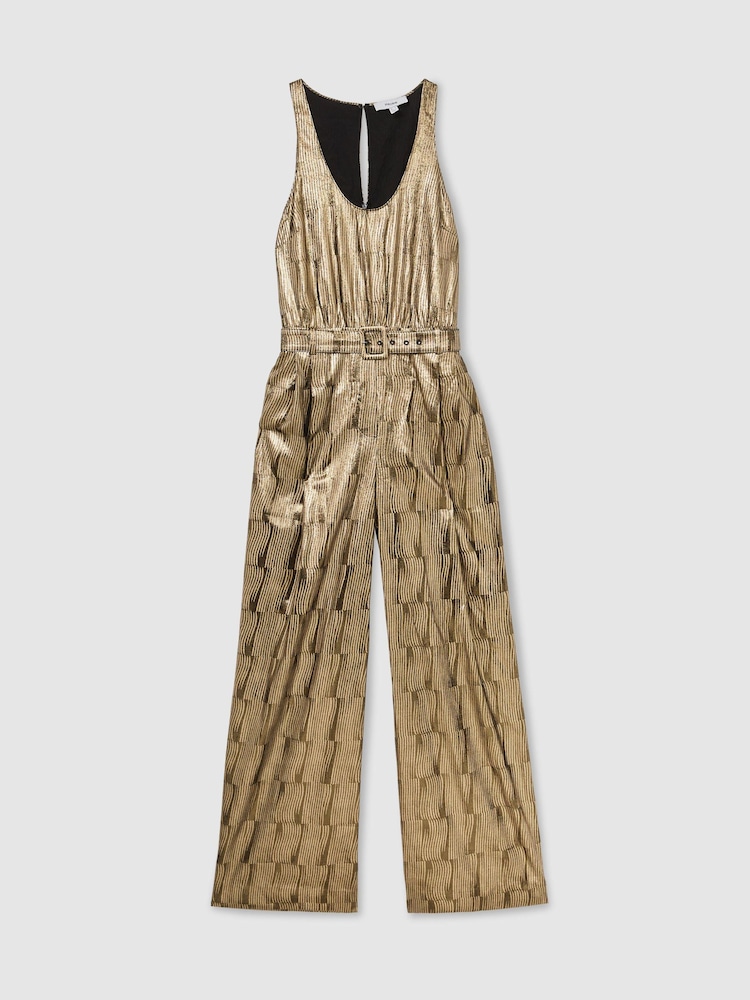 Reiss Gold Eloise Metallic Sleeveless Belted Wide-Leg Jumpsuit - Image 2 of 8 Reiss Gold Eloise Metallic Sleeveless Belted Wide-Leg Jumpsuit - Image 2 of 8
