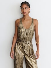 Reiss Gold Eloise Metallic Sleeveless Belted Wide-Leg Jumpsuit - Image 3 of 8