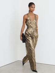 Reiss Gold Eloise Metallic Sleeveless Belted Wide-Leg Jumpsuit - Image 4 of 8