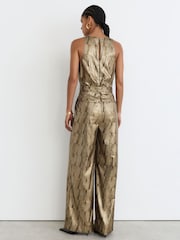 Reiss Gold Eloise Metallic Sleeveless Belted Wide-Leg Jumpsuit - Image 7 of 8
