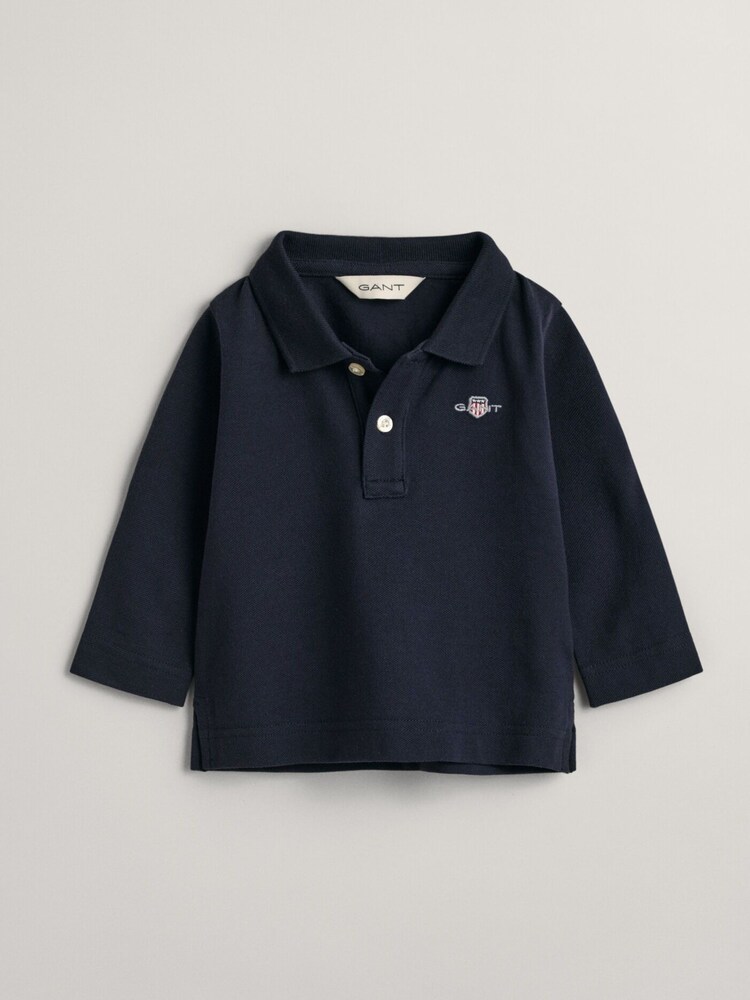 GANT Evening Blue Shield Logo Baby Long Sleeve 100% Cotton Polo Shirt - Image 1 of 2