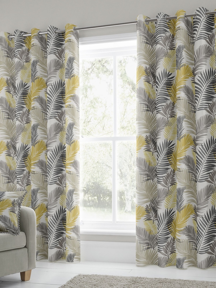 Fusion Yellow Tropical Leaves Lined Eyelet 100% Cotton Curtains - Image 1 of 2