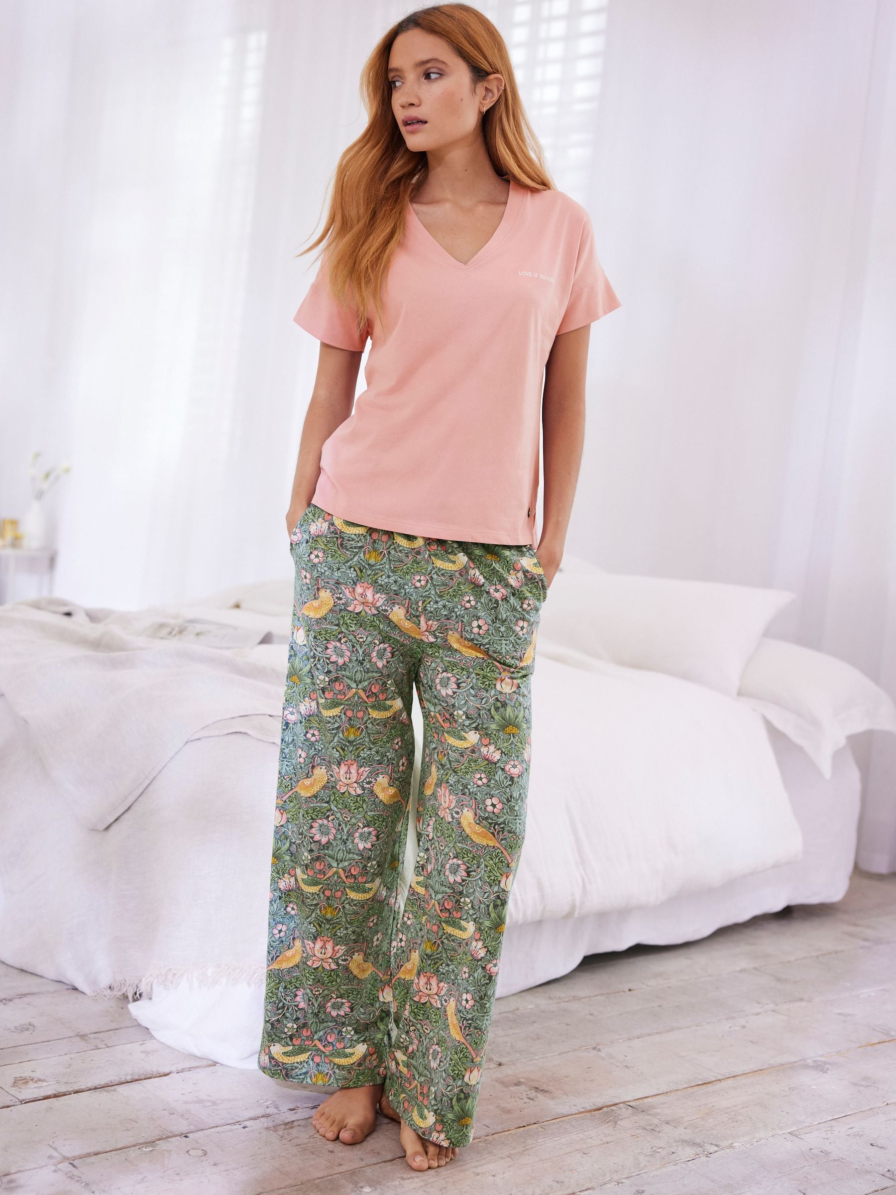 Buy Green/Pink Floral Morris & Co. 100% Cotton Pyjamas from Next Luxembourg