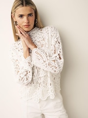 Ecru White Crochet Knitted High Neck Jumper - Image 1 of 7