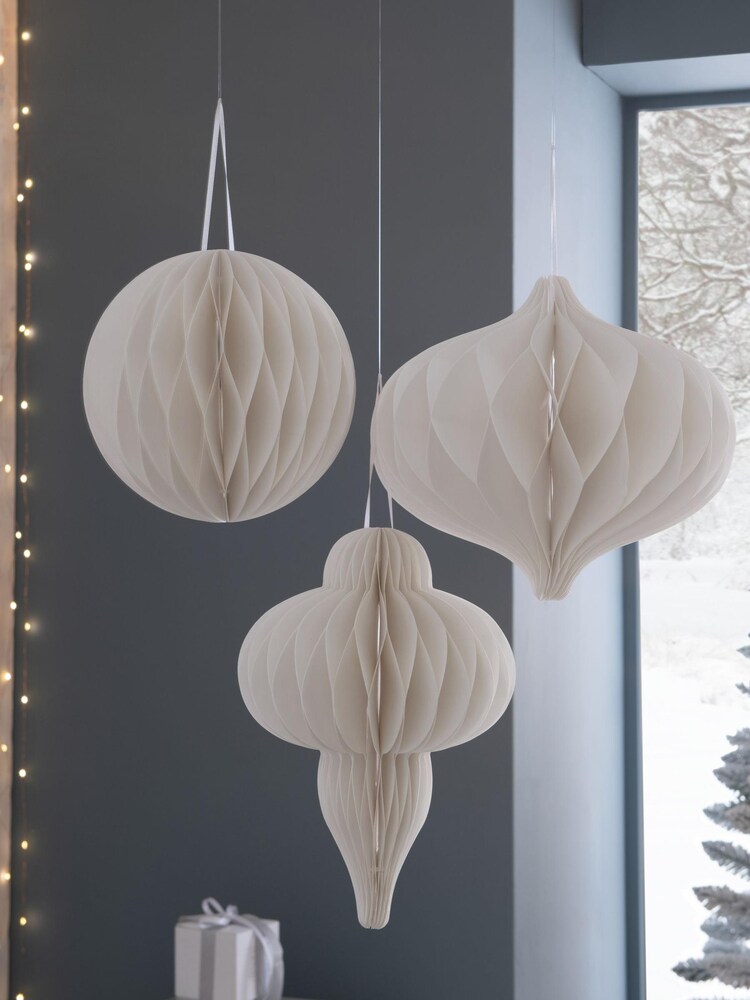 Set of 3 White Hanging Paper Christmas Decorations - Image 1 of 4