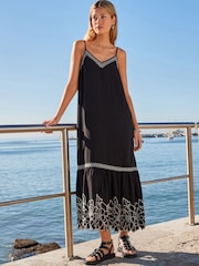 Black/Cream Embroidered Strappy Midaxi Summer Dress - Image 1 of 7
